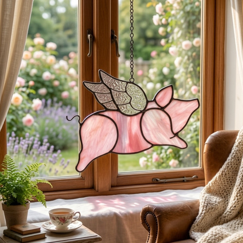 Flying pig stained glass - flying,