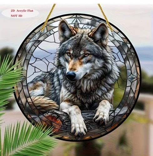 Laying grey wolf - grey, suncatcher